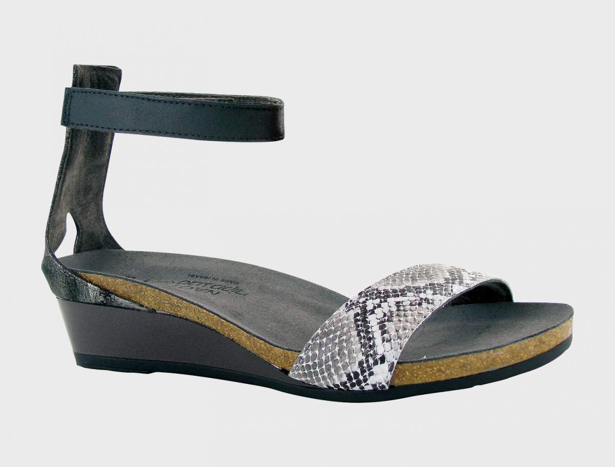 Naot Women's Pixie Grey Cobra Leather Onyx Leather Wedge